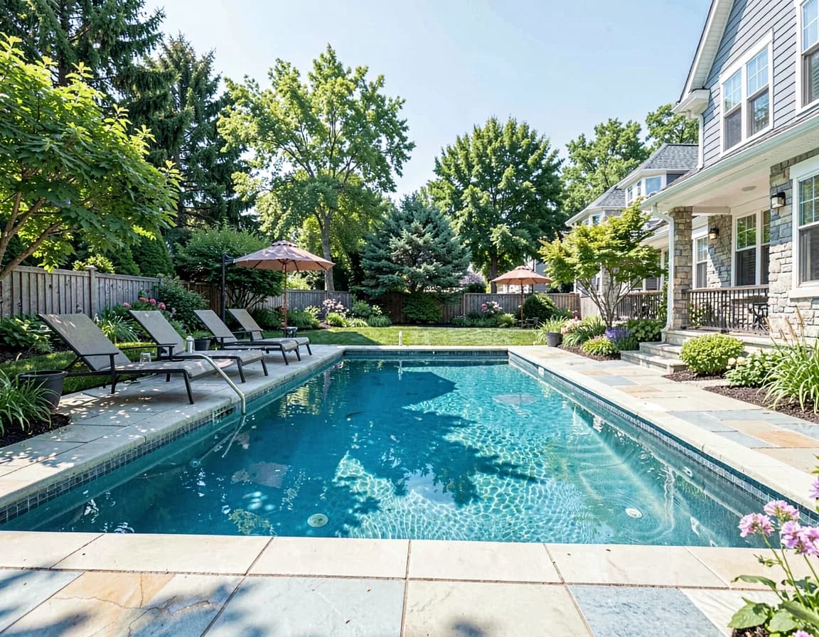 A pristine residential inground swimming pool with crystal-clear blue water in a landscaped Rochester backyard