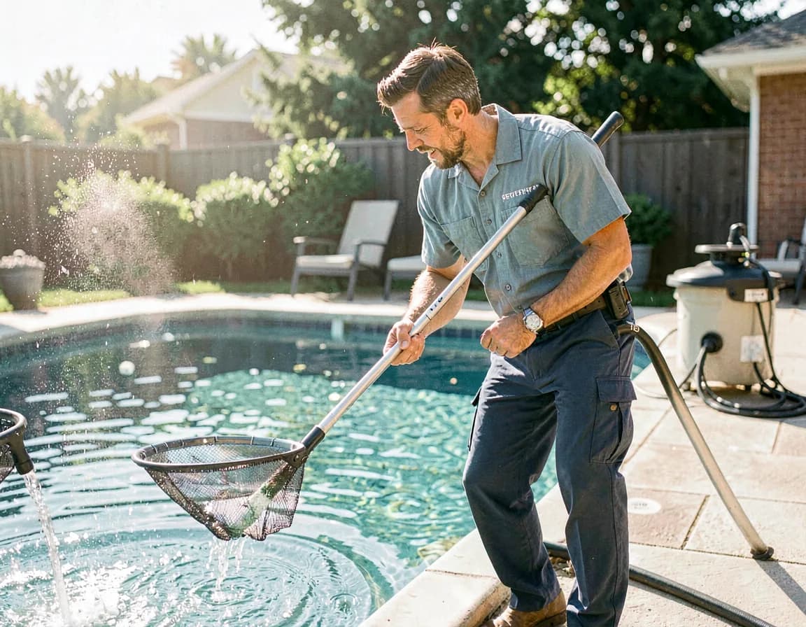 A professional pool technician maintaining a clean backyard swimming pool